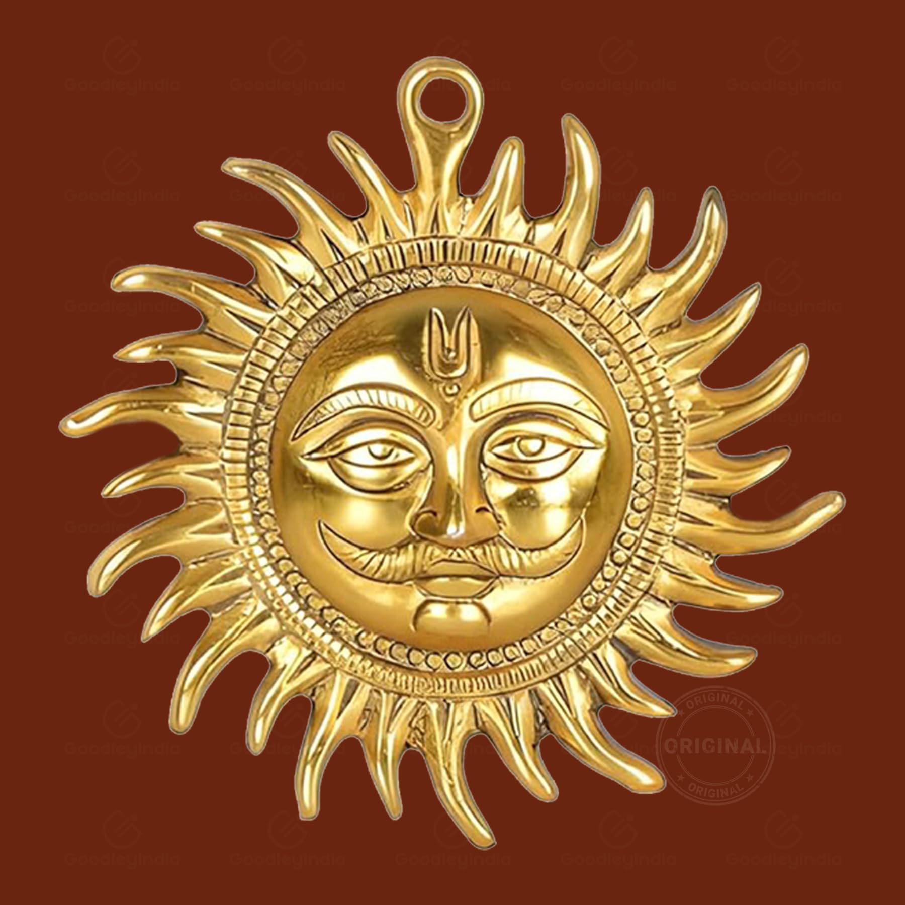 UrbanShilp Surya Dev Metal Wall Hanging Sun Face Statue for Home Entrance & Office Decor - Puja Vastu Figurine for Positivity, Brass Finish, 12 x 12 cm