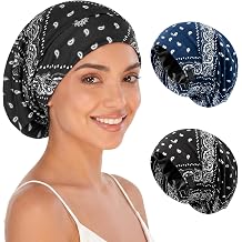 Selalu 2Pcs Satin Hair Bonnet Beanie Hat Adjustable Sleep Cap, Black&Blue | Soft modal cotton outer fabric, Breathable comfort, Paisley print with stretch elastic fit, Casual streetwear for women men