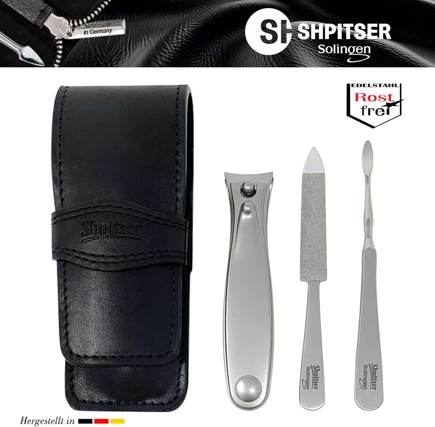 Shpitser Solingen Luxuries TopInox Surgical Stainless Steel German Hand Sharpened Manicure Pedicure Travel Set Grooming kit In Italian Leather Case Made in Solingen Germany (Black)