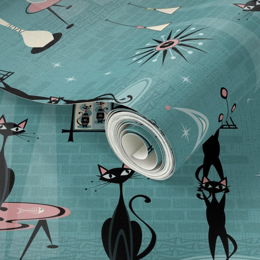Peel & Stick Wallpaper Swatch - Mid Century Kitty Retro Birds Fish Cat Kitten 1950S Cats Custom Removable Wallpaper by Spoonflower