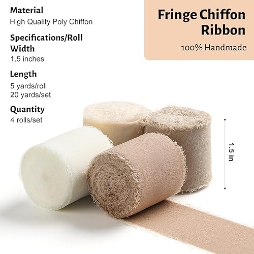 Miniatura 2 de 4 rollos de cinta de gasa con flecos hechos a mano de 1.5 pulgadas de ancho x 5 yardas por rollo, juego de cintas similares a la seda color piel y