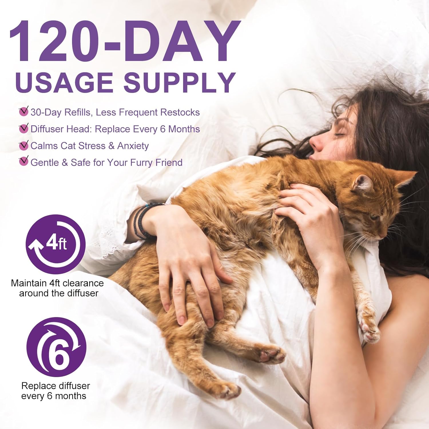6-in-1 Cat Pheromone Calming Diffuser Kit - Relieve Anxiety, Reduce Fights/Scratching, 2 Plugs + 4 Refills, 120 Days (Purple, L)