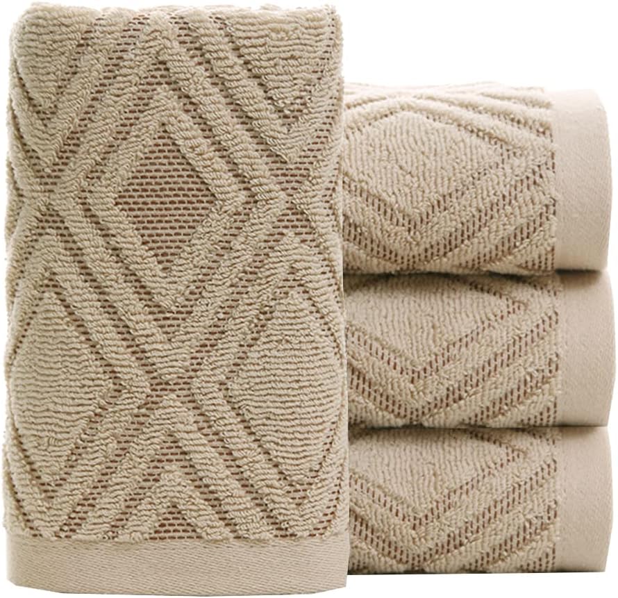 Pidada Hand Towels Set of 4 Diamond Pattern 100% Cotton Absorbent Soft Decorative Towel for Bathroom (Beige Brown)