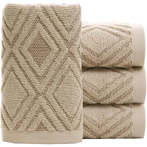 Pidada Hand Towels Set of 4 Diamond Pattern 100% Cotton Absorbent Soft Decorative Towel for Bathroom 13.4 x 29.5 Inch (Brown)
