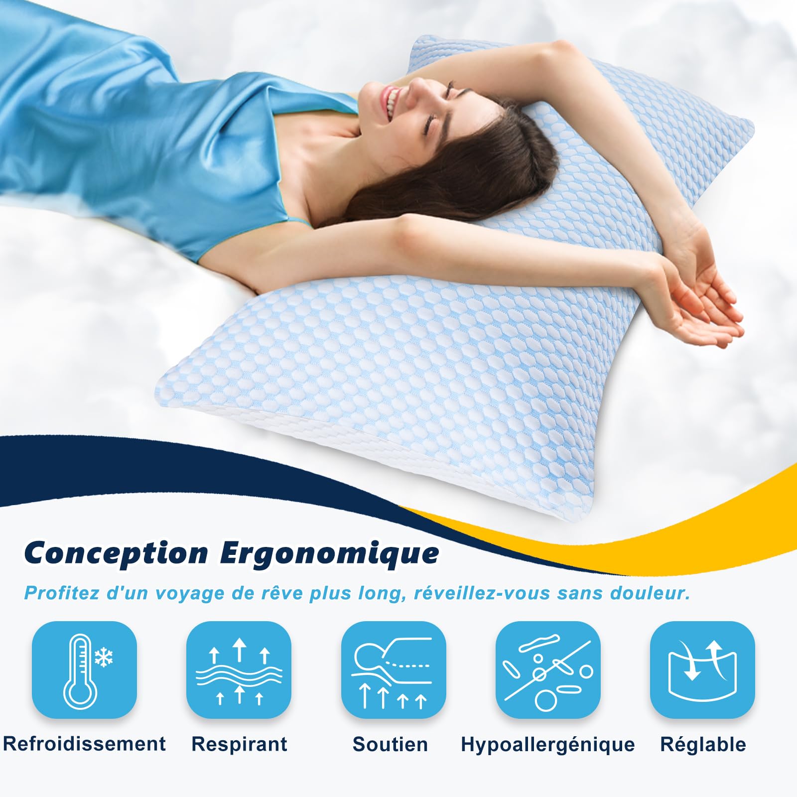 Oreiller Memoire Forme 40x80 cm Ergonomique Cervical Réglable Meilleur Pillow Plat Coussin à Amovible Taie Oreiller et Fermeture éclair