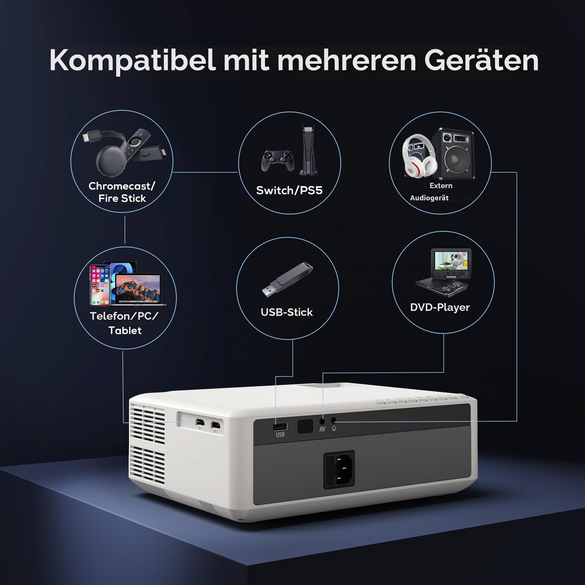 Projektor, AKIYO O8 WiFi Projektor Full-HD 1080P, Videoprojektor, tragbarer Outdoor-Heimkino-Filmprojektor, kompatibel mit iOS/Android/Tablet/PC/TV-Stick/USB