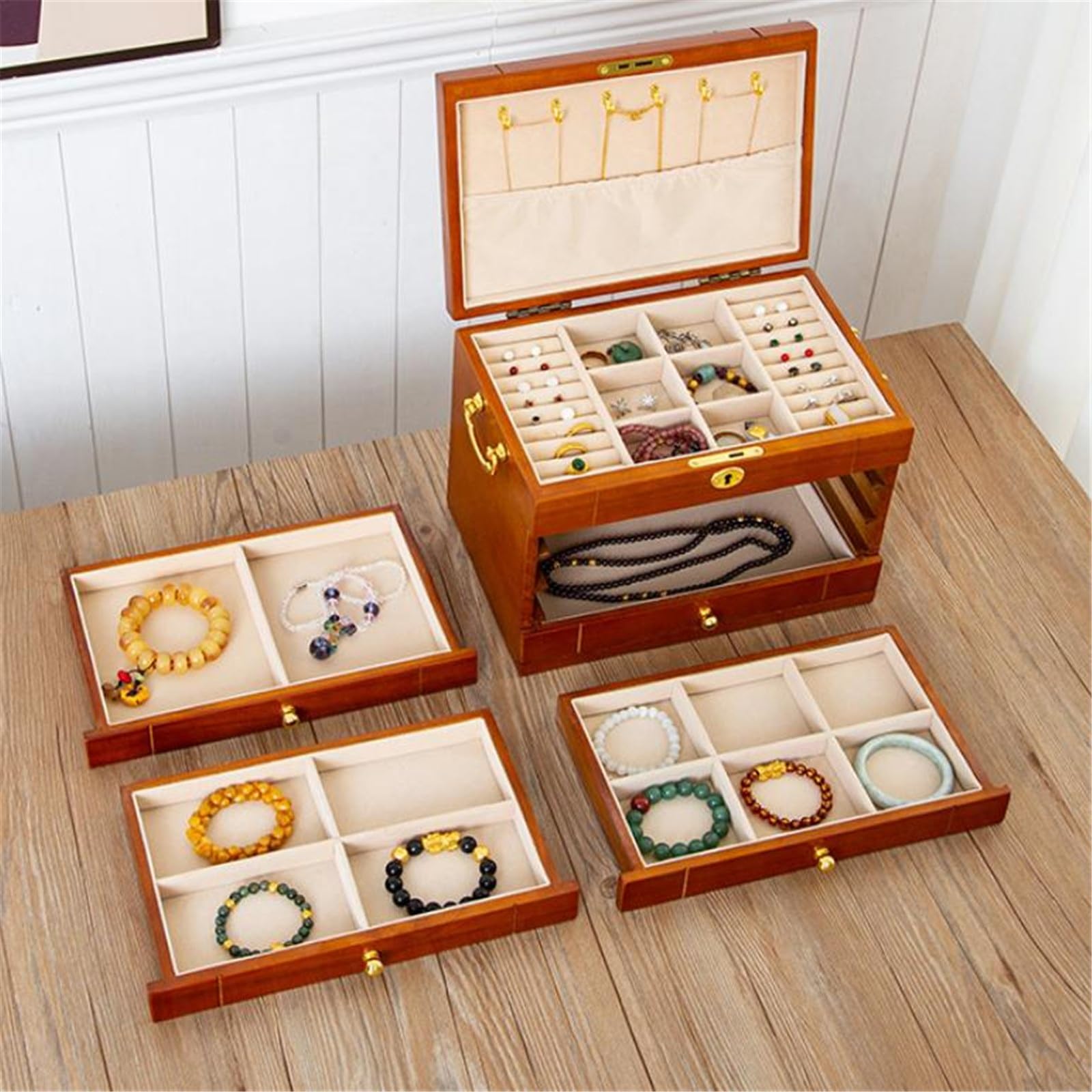 Joyero para Mujer Caja de almacenamiento joyería madera maciza vintage Collar Anillo Pendiente Organizador de Madera
