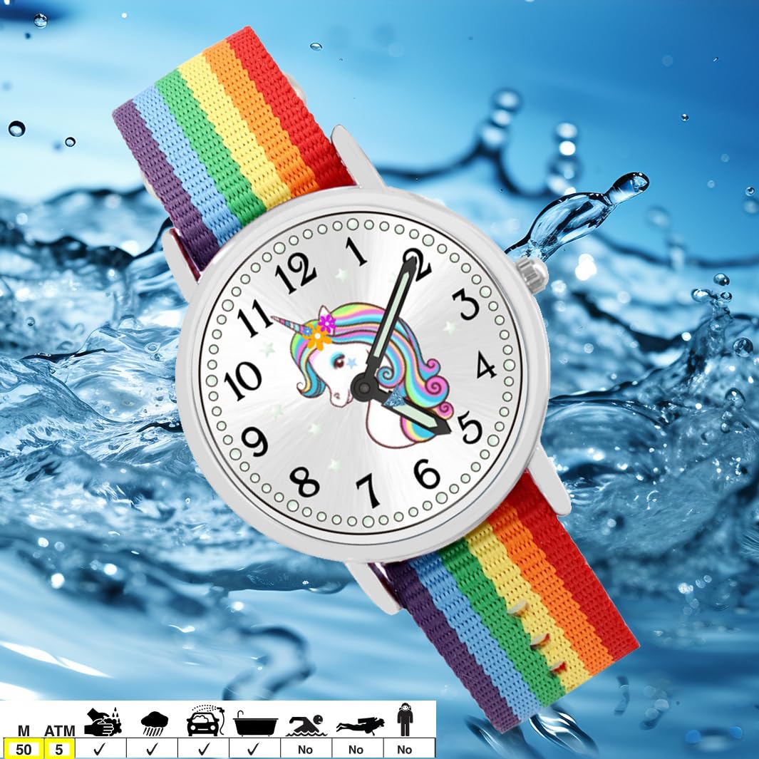 Armbanduhr Mädchen Jungen Kinderuhr Einhorn Lernuhr 5ATM wasserdicht bunt Regenbogen