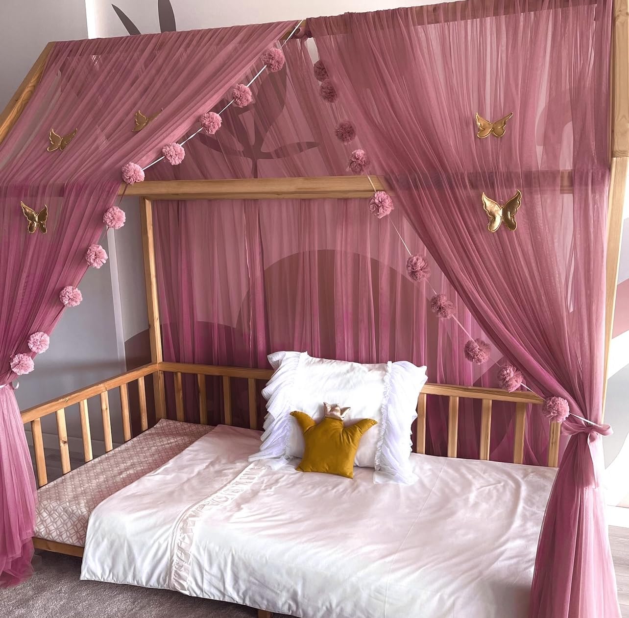 Tenda Letto Bambini In Cotone 100% - Baldacchino Montessori Per Cameretta 135x360cm Rosa Scuro - Foto 6