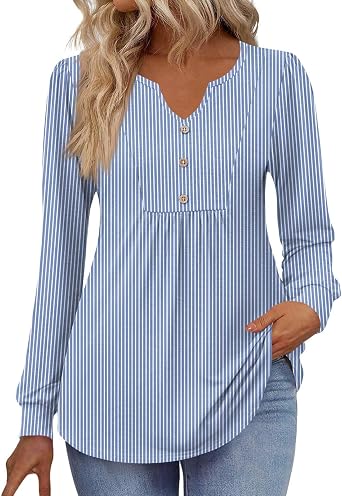Long Sleeve Shirts for Women Pleated V Neck T-Shirts Button Down Tunic Tops Casual Dressy Blouses Loose Fall Tees