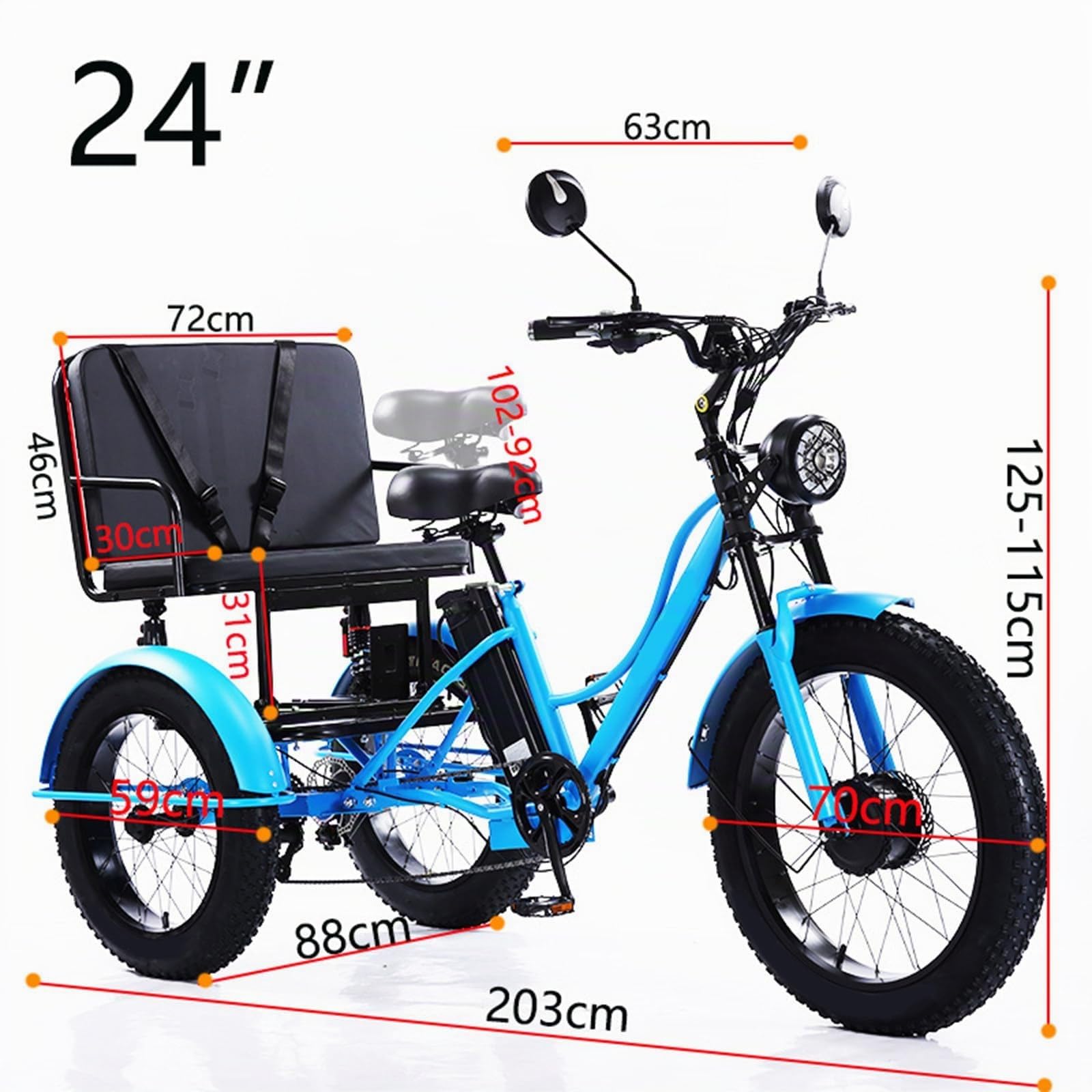 Triciclo elettrico per adulti, con sedile passeggero, design con gomme grosse per città e montagna, batteria rimovibile e display LCD