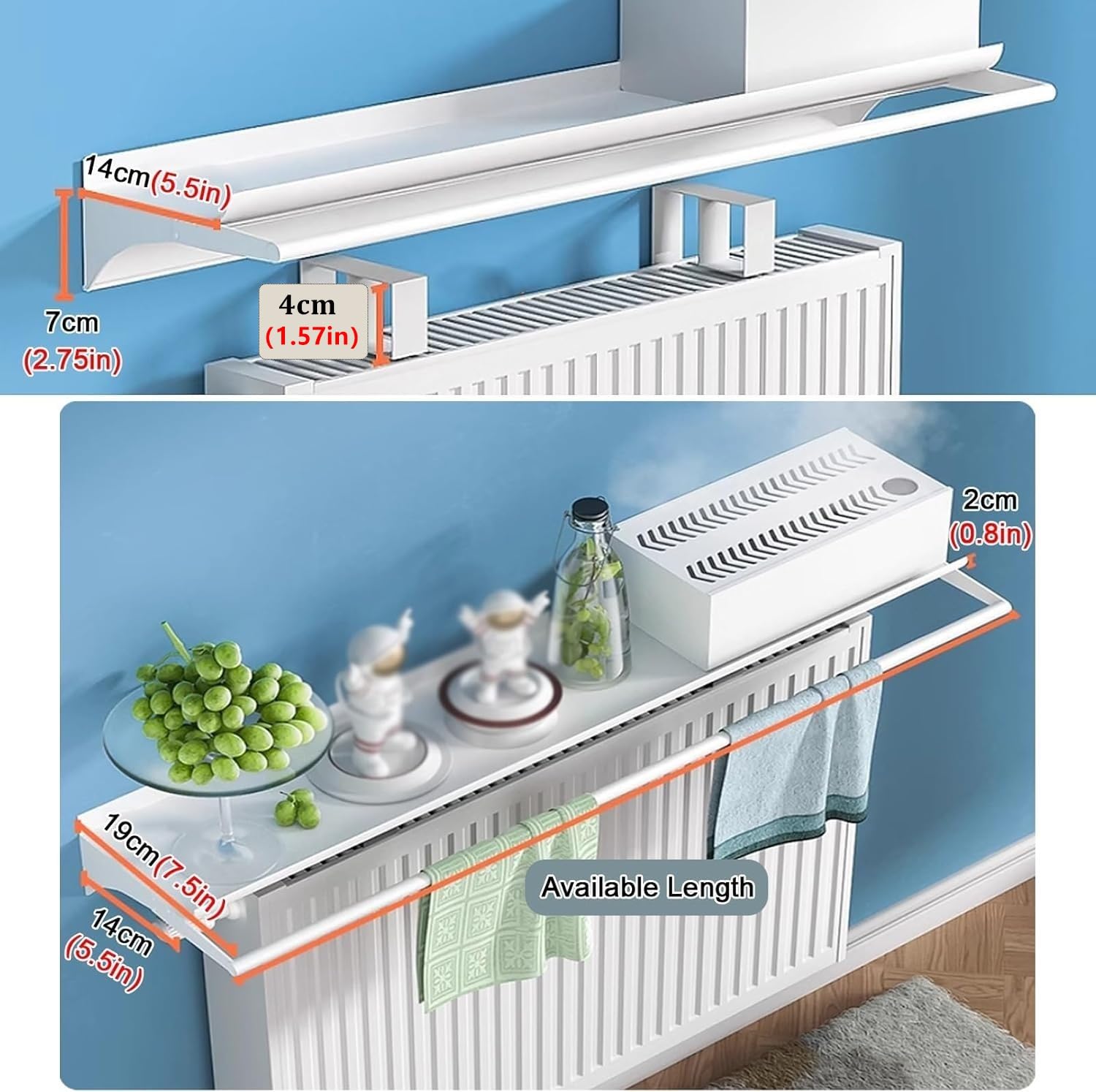 Mensola per radiatore con umidificatore da 55 cm, portasciugamani galleggiante ed evaporatore d'acqua, per cucina, bagno, ingresso, elegante soluzione salvaspazio (80 cm)