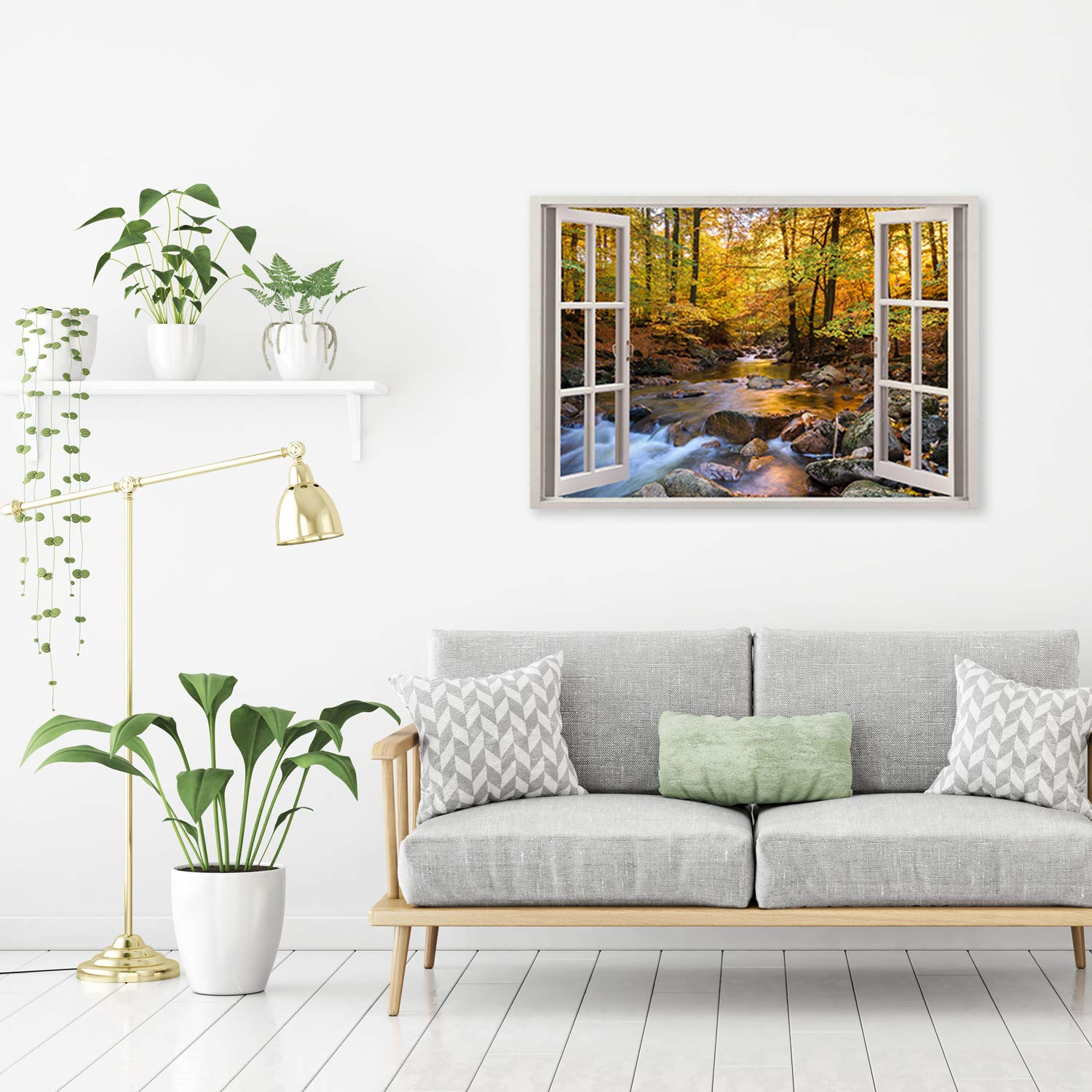 Feeby Cuadro en Lienzo 3D Ventana 90x60 cm 1 Pieza Modernos Impresión Artística Calidad Fotografica Imagen Decoración de Pared Salon Dormitorio Cocina Oficina Pasillo río Marrón