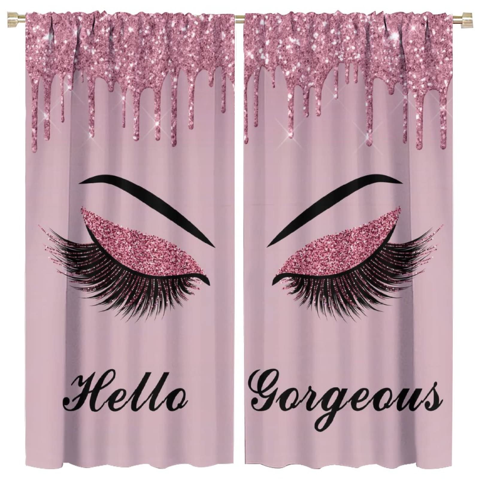 Pretty Eyelash Curtain Fashion Abstract Spark Pink Drips (No Glitter) Hello Gorgeous Girls Bedroom Decor for Kitchen Living Room Rod Pocket Blackout
