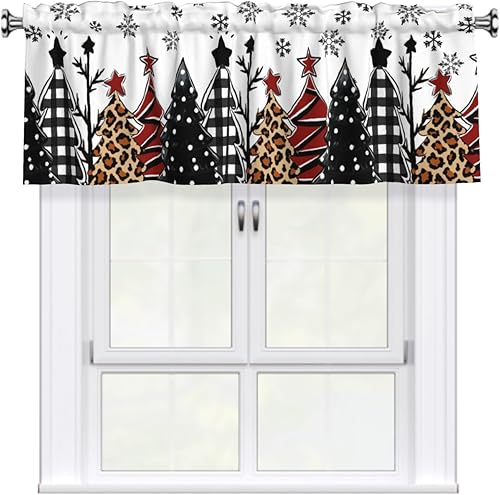 Miniatura 26 de Cenefa navideña para ventana - Cenefa de cortina de muñeco de nieve con bolsillo para varilla, árbol de Navidad, copo de nieve, tratamiento rojo