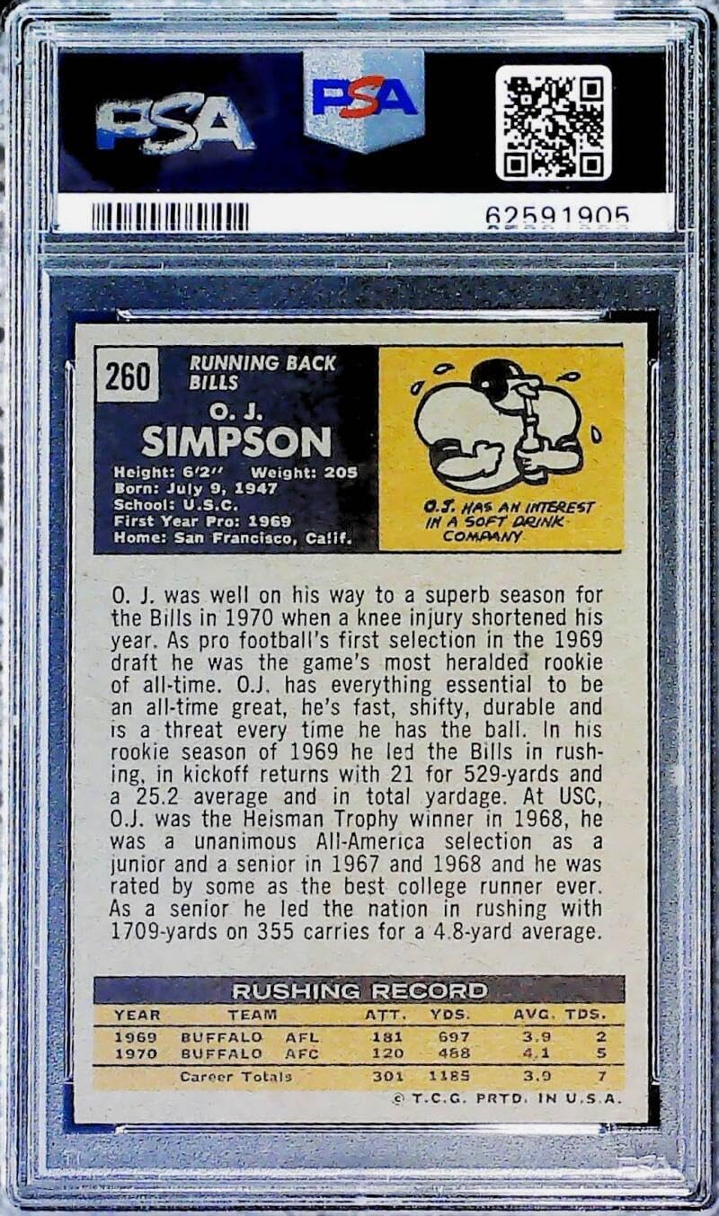 1971 Topps Football #260 O.J. Simpson Buffalo Bills PSA 7 NM Trading Card