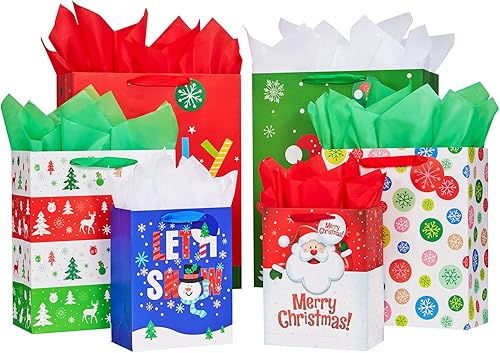 Bobobag Paquete de 12 bolsas de regalo de Navidad con asa y papel de seda, varios tamaños y diseños para regalos de Navidad (4 grandes de 16