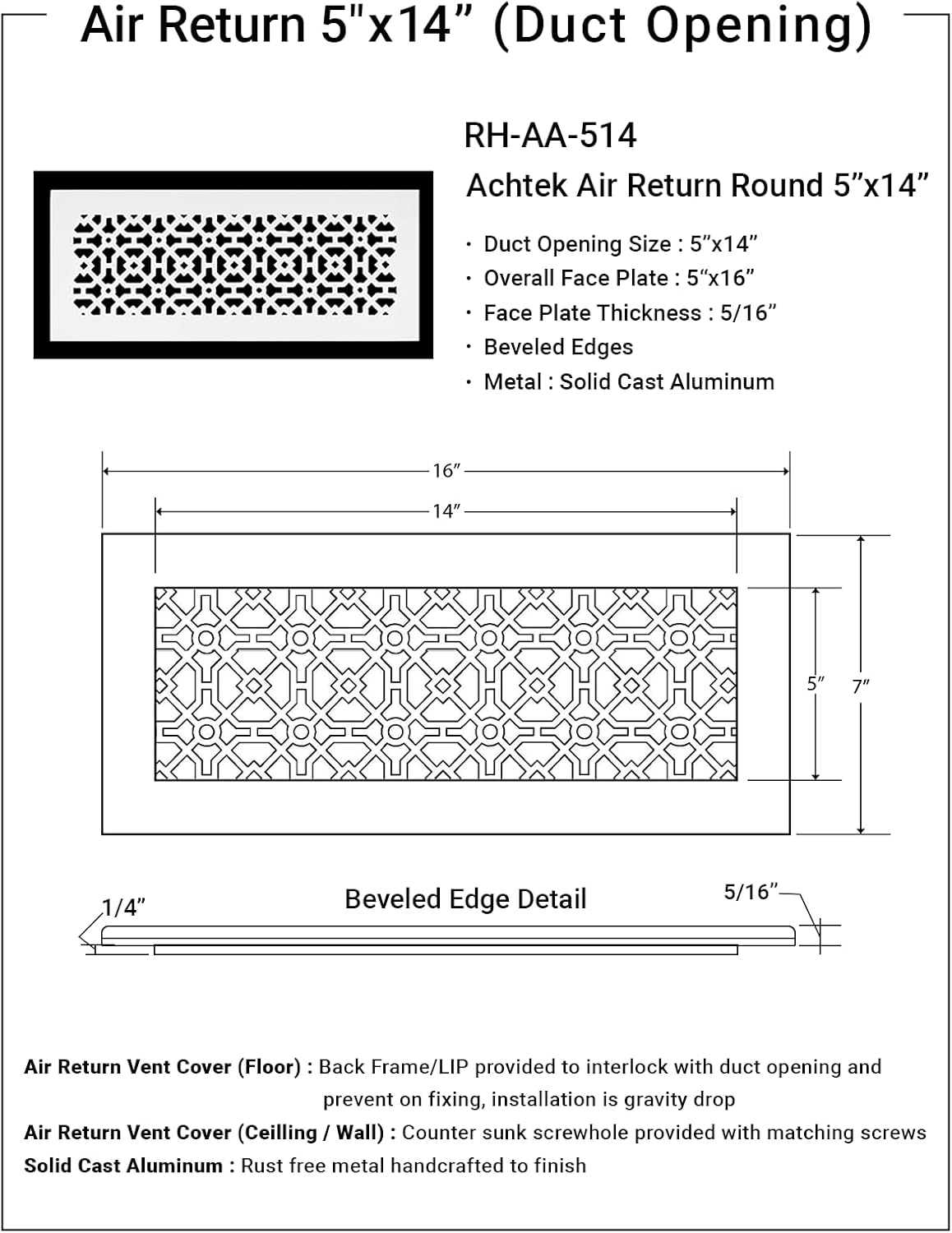 Achtek 5"x14" Duct (7"x16" Overall Size) Solid Cast Aluminum HVAC Air Return Grill Vent Cover | Powder Coated | for Wall-Black with Screw Holes