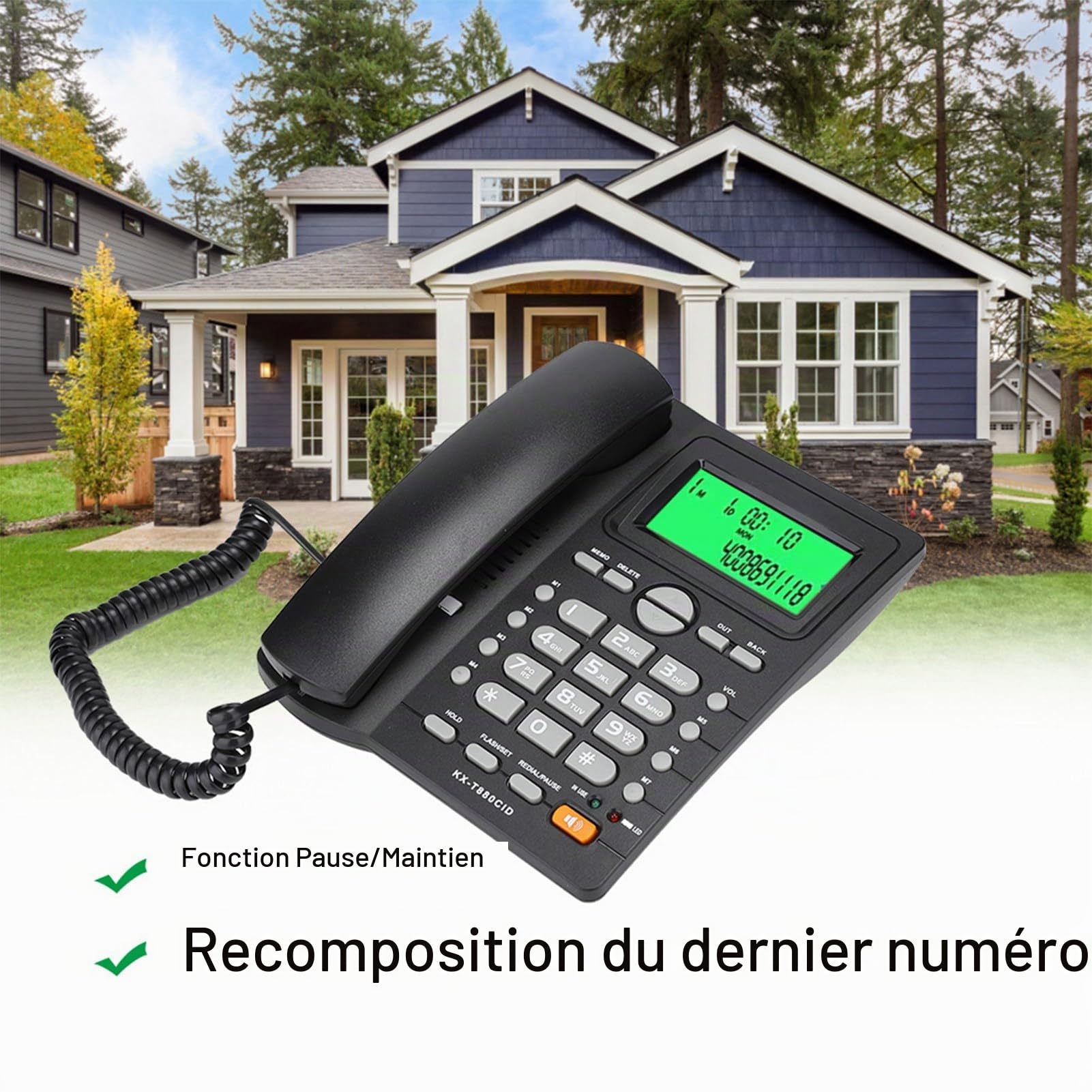 Réduction du Bruit du téléphone Système de répondeur téléphonique Fixe, Fonction de Pause/Mise en Attente Recomposition du dernier numéro(Black)