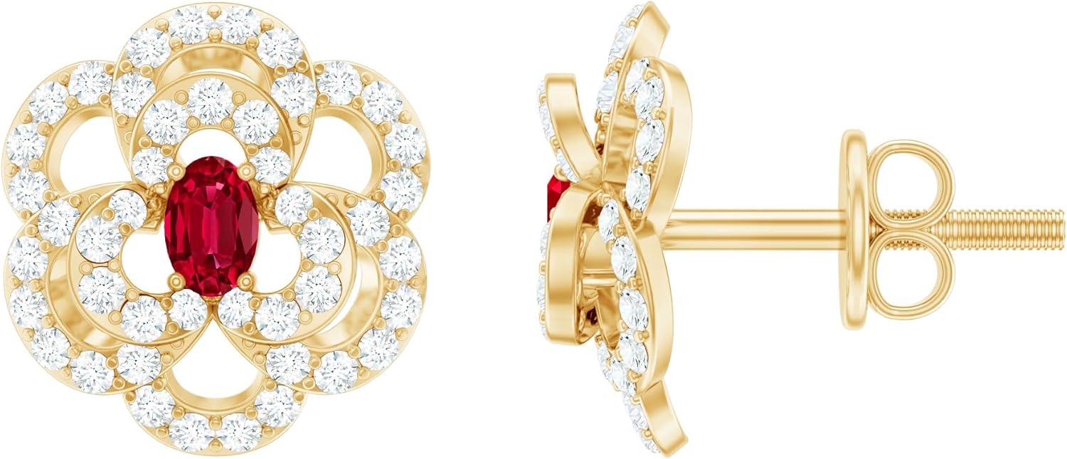 Certified Lab Grown Ruby Diamond Flower Earrings in Silver, Aaaa Quality, Ruby Statement Earrings - Unique Gift For Women