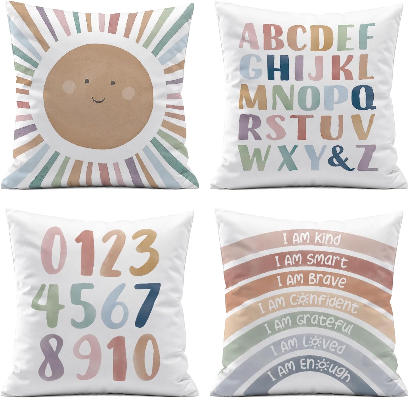 Kids Playroom Decor,Boho Sun Alphabet Throw Pillow Covers,Kids Reading Nook Decor Pillowcase for Classroom Playroom Nursery,18x18 Inch Pillowcase Set of 4