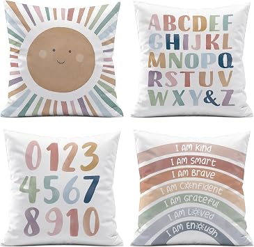 Kids Playroom Decor,Boho Sun Alphabet Throw Pillow Covers,Kids Reading Nook Decor Pillowcase for Classroom Playroom Nursery,18x18 Inch Pillowcase Set of 4