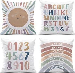 Kids Playroom Decor,Boho Sun Alphabet Throw Pillow Covers,Kids Reading Nook Decor Pillowcase for Classroom Playroom Nursery,18x18 Inch Pillowcase Set of 4