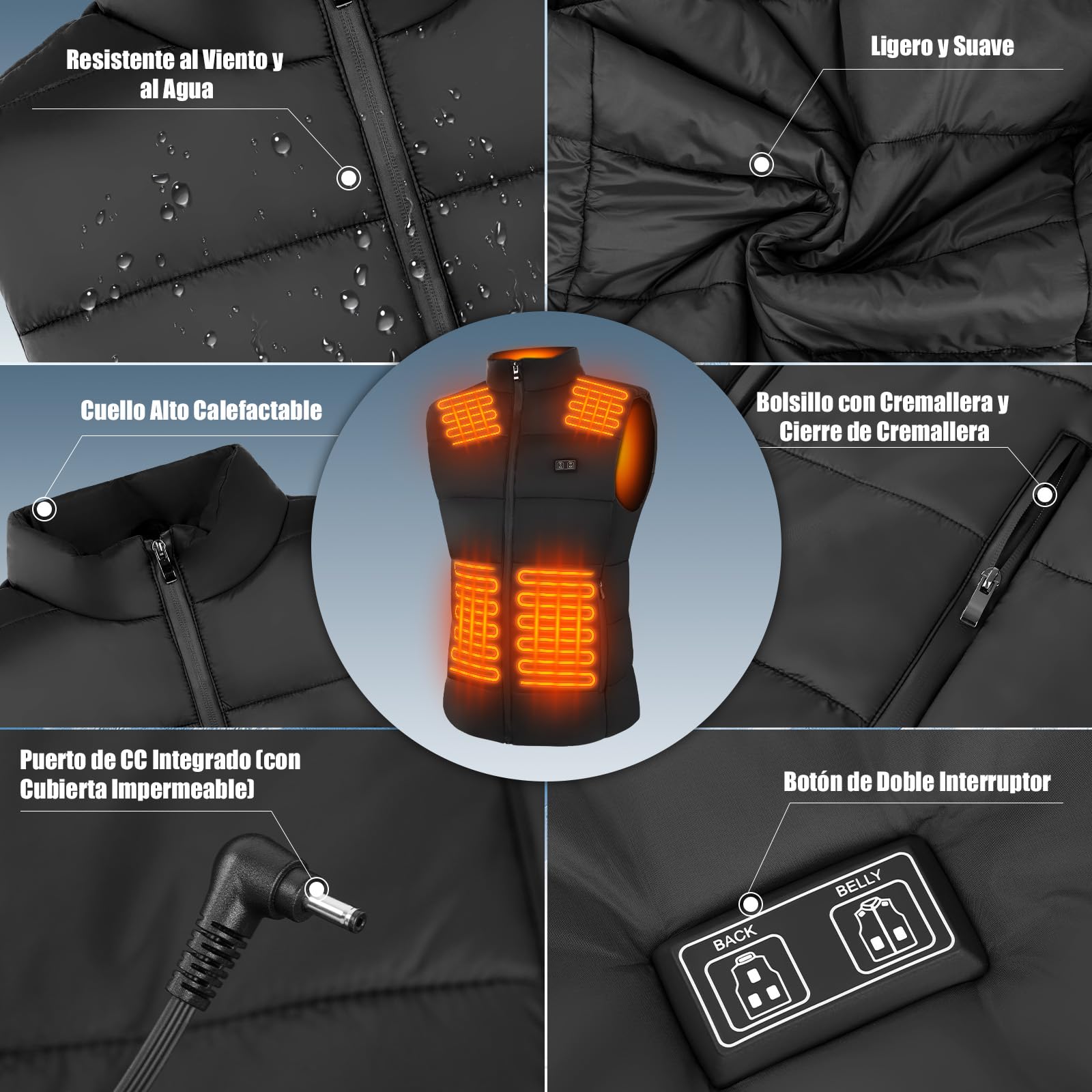 Chaleco Calefactable Hombre con Batería 7.4V 10000mAh, Deepoter Chaleco Térmico Eléctrico 8 Zonas Calefactables, 3 Ajustes de Temperatura, Chaqueta Calefactable - Ideal para Deportes al Aire Libre (L)