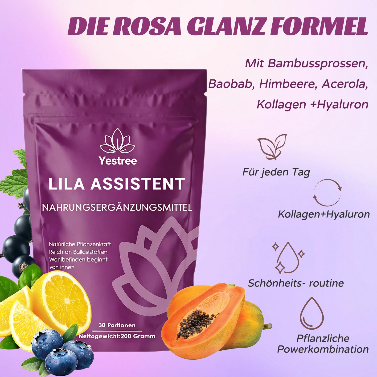 2 Pack Lila Superfood Pulver 200g – Lila Mix mit Aronia, Papaya, Heidelbeere, Inulin | Ballaststoffreich & Vegan | Natürliches Pflanzenpulver für Alltag & Ernährung