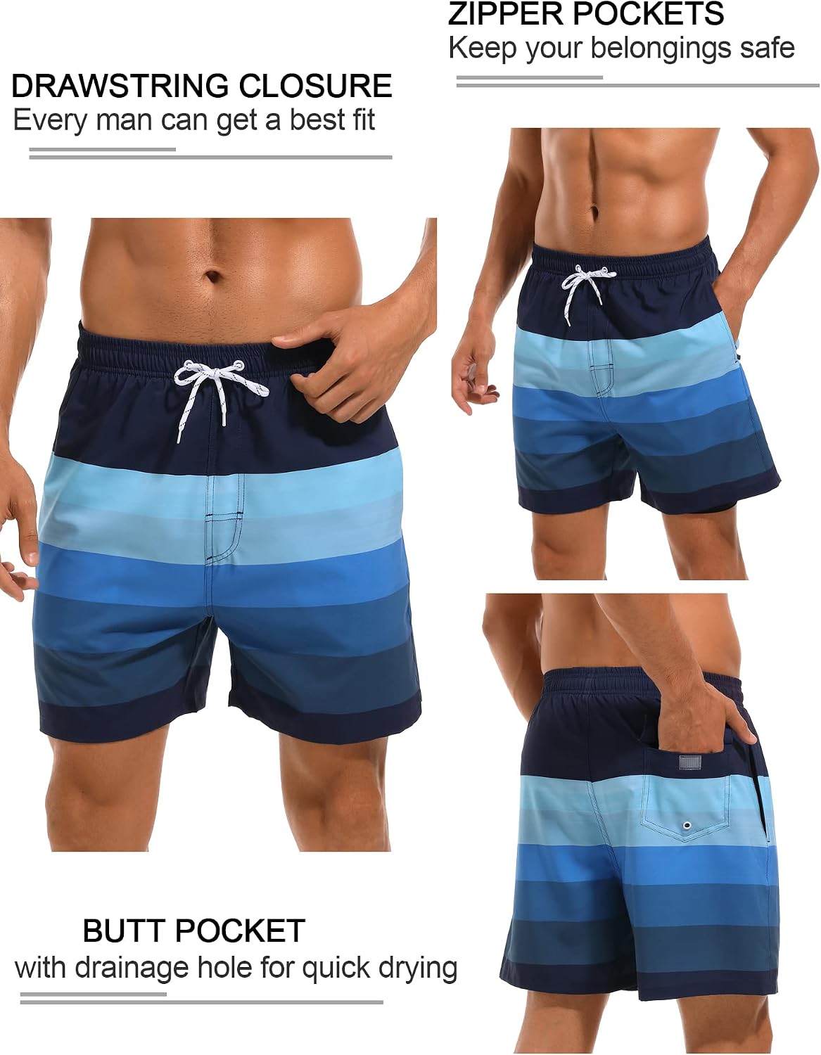 SILKWORLD Mens Swim Trunks with Compression Liner 2 in 1 Quick Dry Bathing Suit Beach Shorts with Zipper Pockets