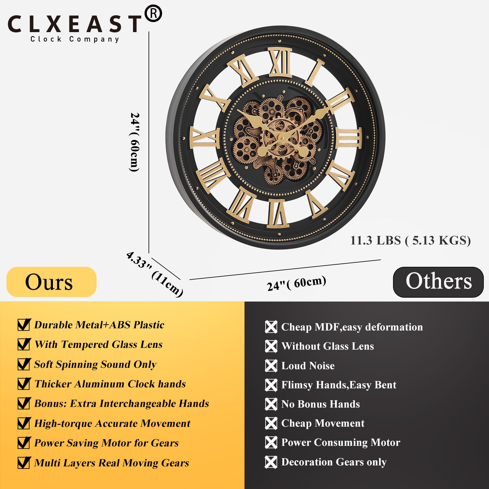 CLXEAST Orologio da parete da 61 cm con ingranaggi mobili, numeri romani, moderno nero e finitura oro
