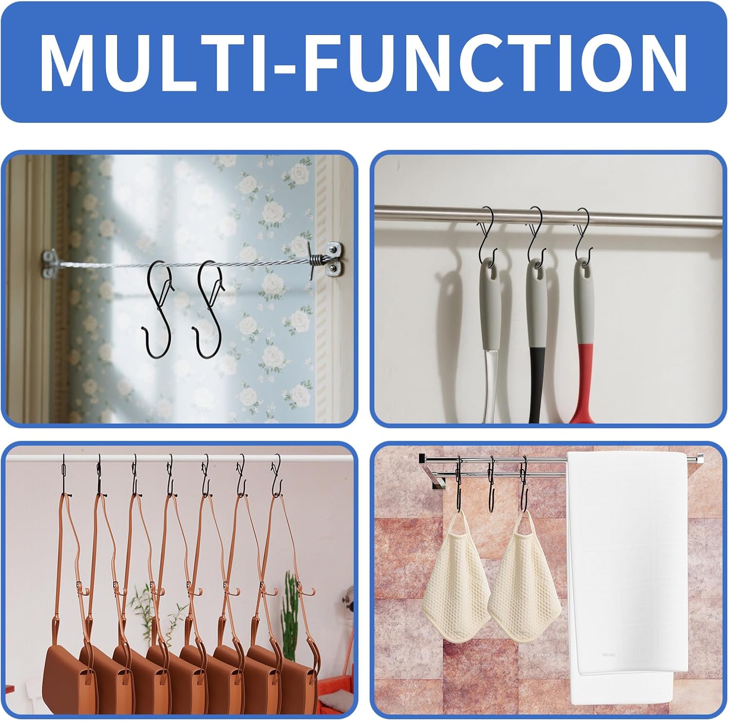 S Hooks for Hanging Hanger,Purse Hooks Hanging Bag Hanger,3.5-inch Heavy Duty Metal S Hook with Safety Buckle Metal S Shaped Hooks for Home Kitchen Closet Organizer,Suitable for 0.5 inch Rods (100)