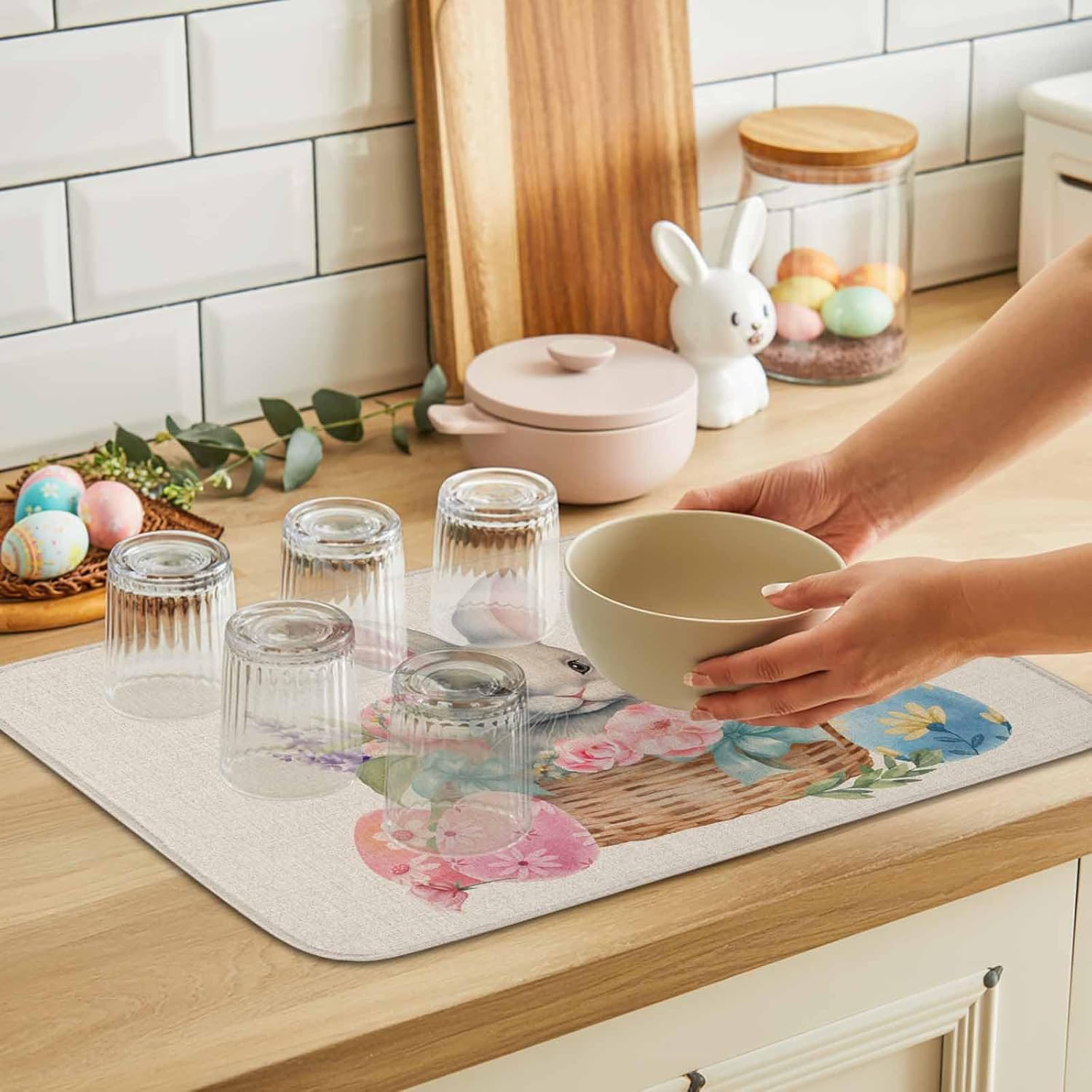 Absorbent Dish Drying Mat for Kitchen Counter,Easter Egg Cute Bunny on Basket Microfiber Quick Dry Pad Dishes Drainer Rack Mats for Under Sink Utensils 18x24in,2 Pack,Colorful Flower on Burlap