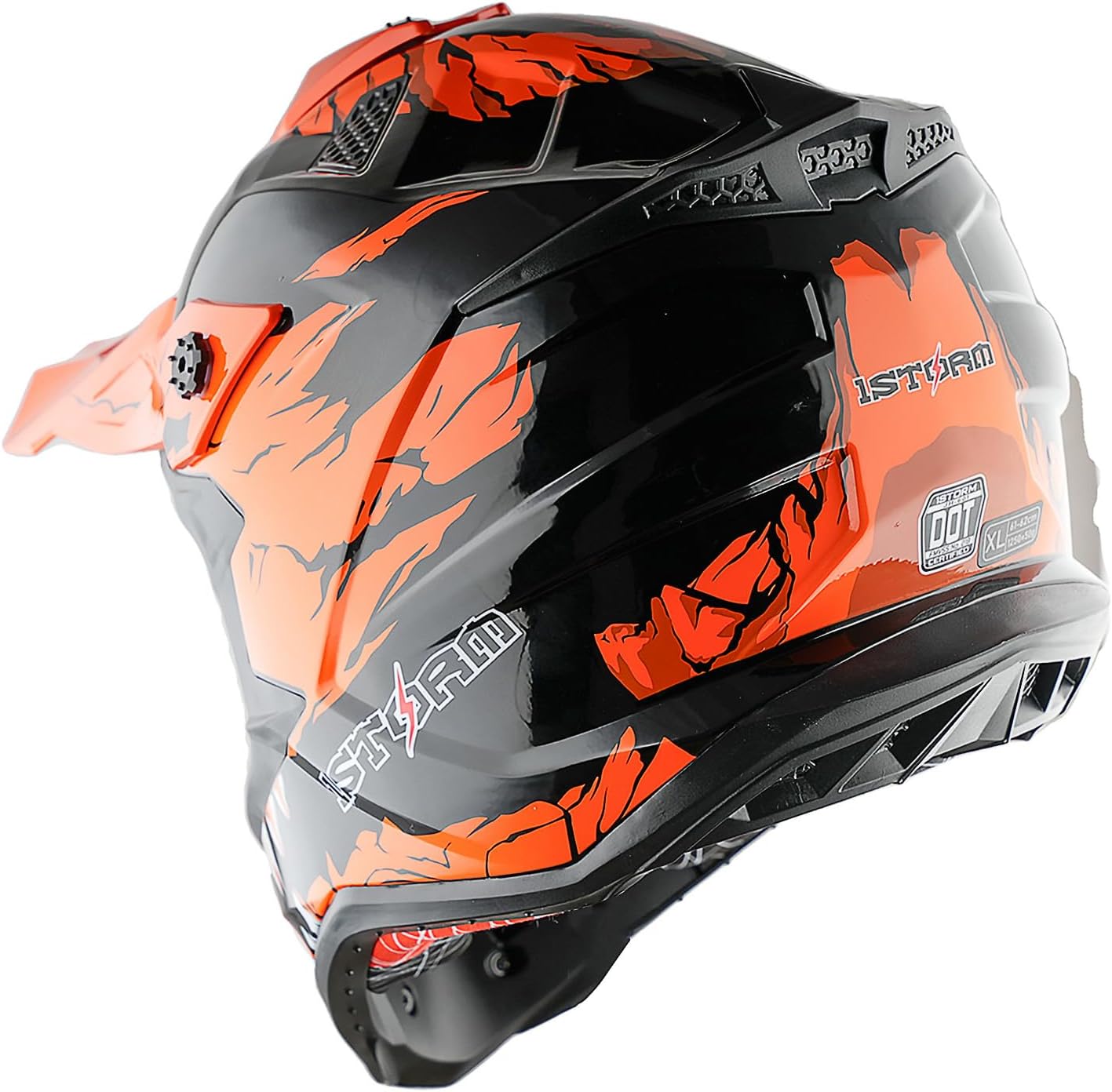 1Storm Adult Motocross Helmet ATV Dirt Bike BMX MX Downhill Mountain Helmet Track Style JH601; Dinosaur Orange + Goggles + Skeleton Orange Glove Bundle
