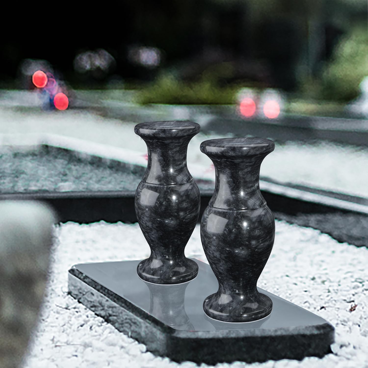 Cemetery Vase, Natural Marble Vases Flower Vases with Draining Holes for Indoor Outdoor Cemetery Memorial Grave Decorations (2 Pieces, Black)