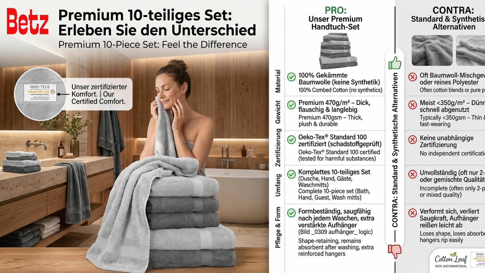Betz set di 10 asciugamani Premium 100% cotone 2 teli doccia 4 asciugamani 2 asciugamani per ospiti 2 guanti da bagno colore antracide e grigio argento