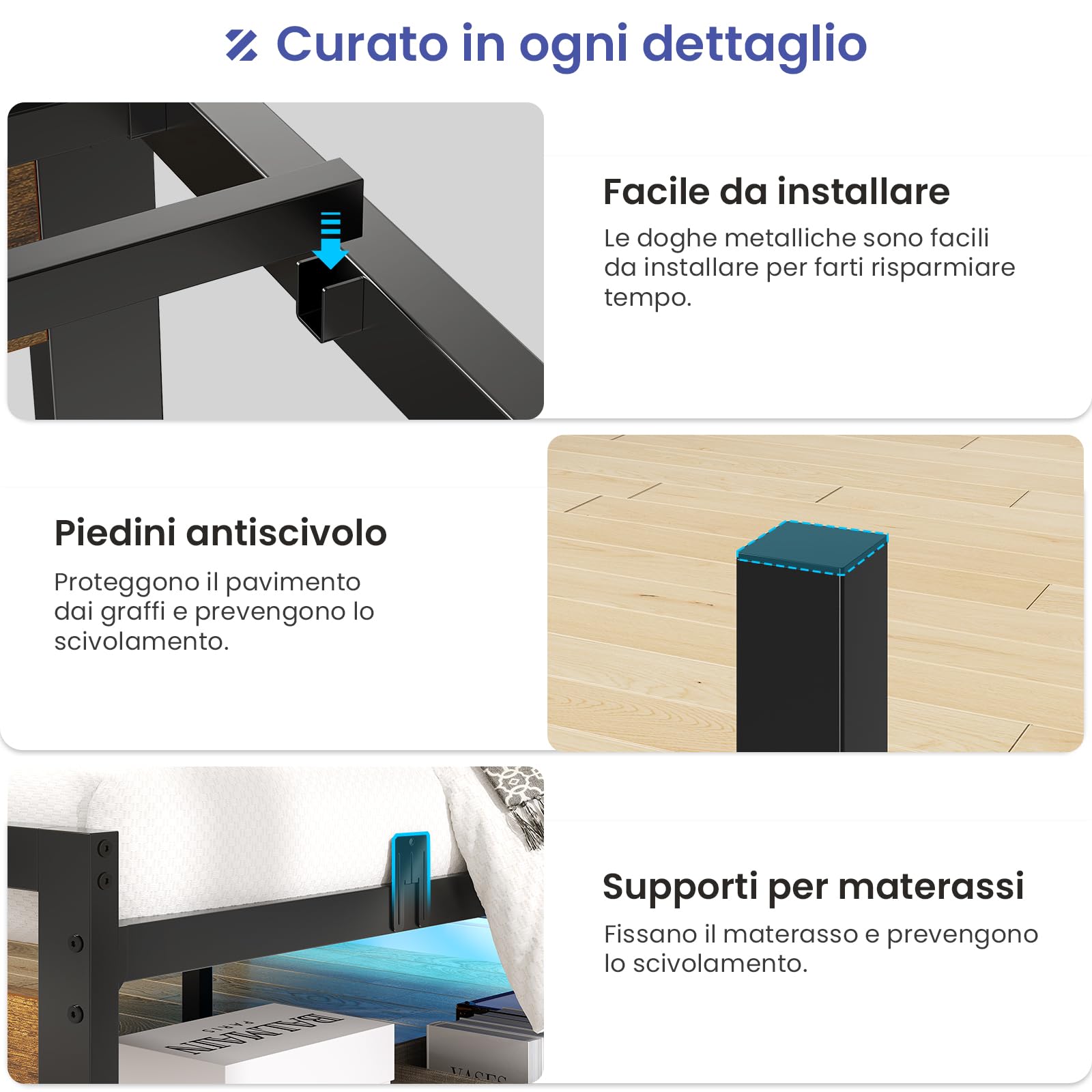Brinlawb Letto 180x200 con base a doghe in metallo, struttura letto matrimoniale 180x200cm con illuminazione a LED e stazione di ricarica (2 prese CA, 1 porta USB e 1 porta Type-C)