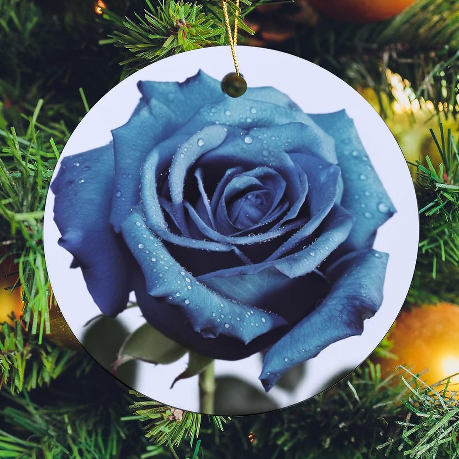 Christmas Ornaments Blue Rose Blooms Ceramic Ornament Crafts Hanging Souvenir Round Hanging Pendant Ornaments for Xmas Holiday Party Christmas Tree Decorations 4 Pcs