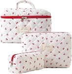 TOPALL Floral Cotton Quilted Makeup Bag, Classic Toiletry Bag with Pink Bow, Cosmetic Pouch for Women & Girls, Stylish Makeup Bag for Daily Use or Travel