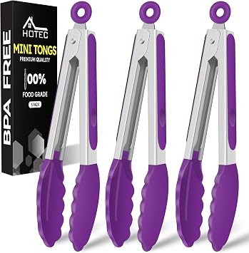 Hotec Mini Silicone Kitchen Tongs for Cooking - 7-Inch Small Serving Tongs with Silicone Tips, Set of 3 Purple