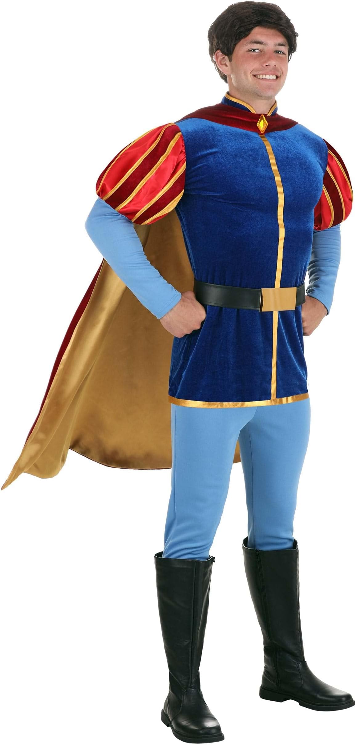 Mens Sleeping Beauty Prince Phillip Halloween Costume | Adult Prince Charming Outfit with Tunic, Pants, Cape, & Belt