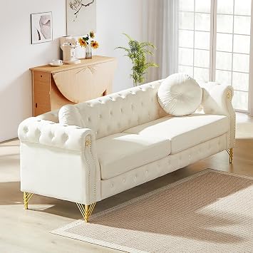 Mid Century Modern Chesterfield Sofa, Upholstered Button Tufted Velvet Couch with Nailhead Trim & Gold Legs, 3-Seater Deep Seat Comfy Sofa for Living Room, Bedroom, Office, Apartment82", Beige