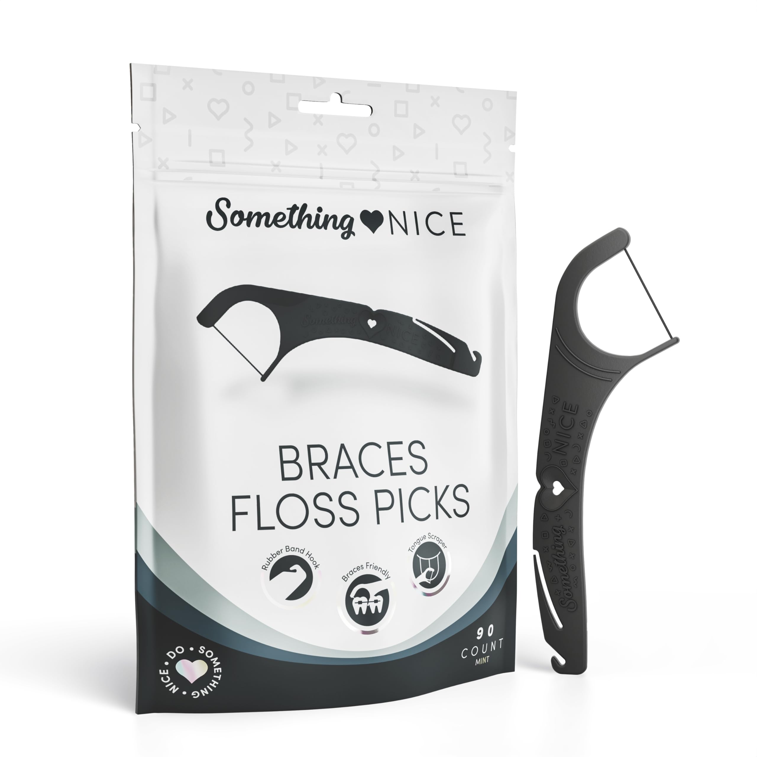 SOMETHING NICE Floss Picks for Braces - Mint Flavored Braces Flossers with Rubber Band Hook & Tongue Scraper, Braces Floss Picks with Xylitol for Protection | Floss for Braces Orthodontic 90-Pack