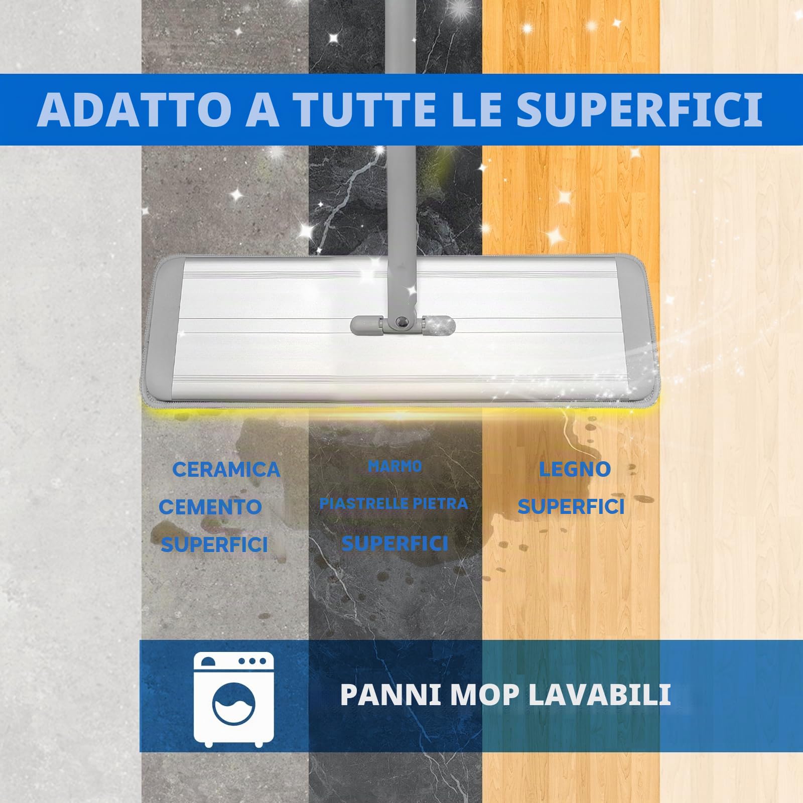 Mocio piatto in alluminio premium da 400 mm con set di secchio pieghevole e panni microfibra riutilizzabili per mocio a mani libere spremere 134 cm manico bagnato