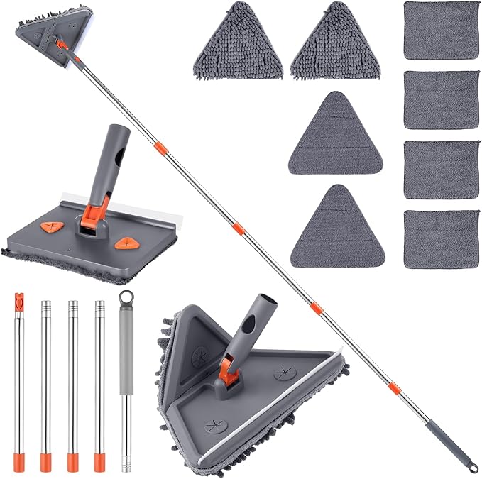 Balai de Nettoyage réglable Rotatif, Vadrouille de Nettoyage Rotative Réglable à 180°, Balai Plafond Triangulaire avec 200CM Longue Poignée pour Plafond Fenêtre Mural avec 8 Chiffons