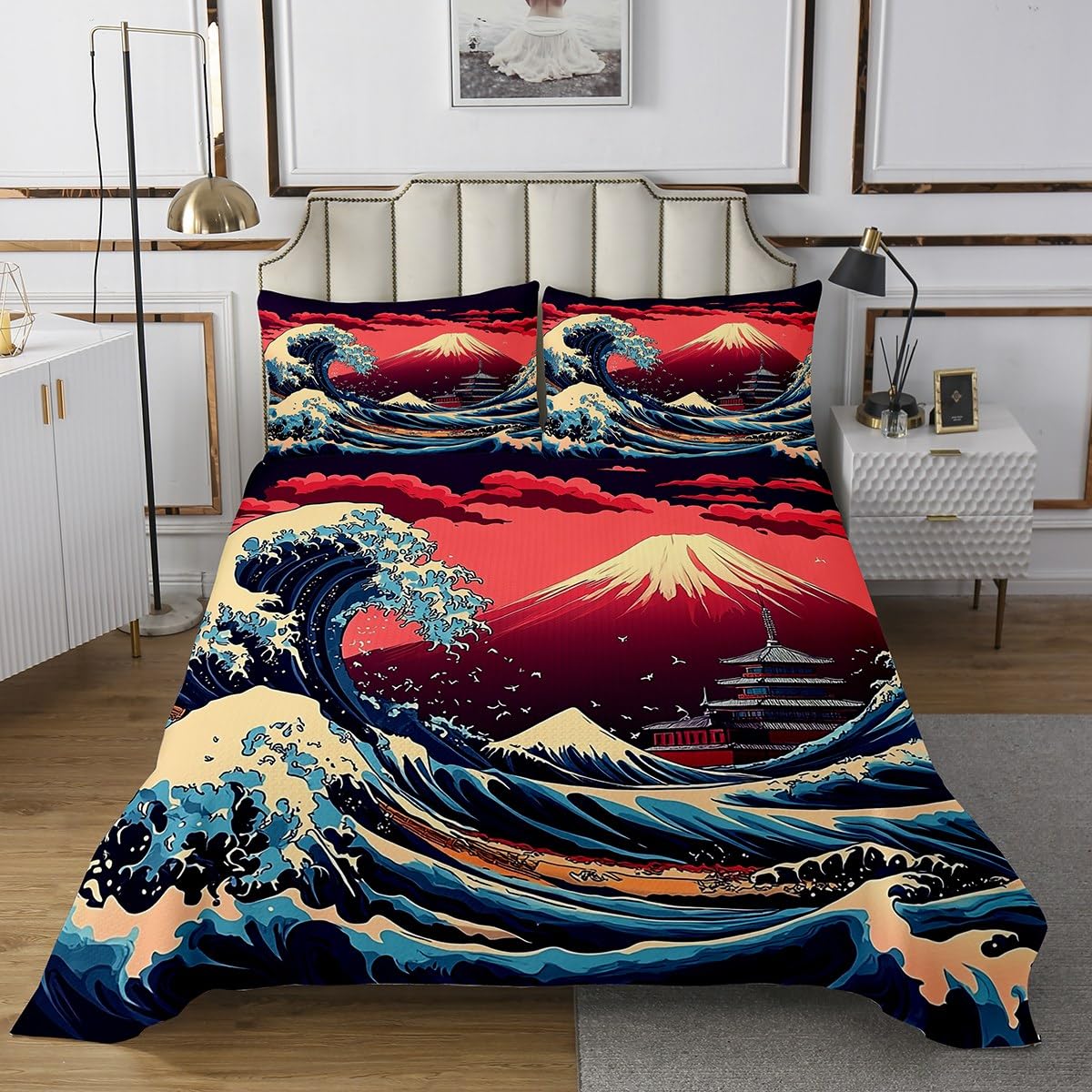Erosebridal Japanese Ukiyo-E Style King Bedspread Set, Japanese Mount Fuji Soft Quilt Set for Kids Girls Boys, Sunset Cloud Trees Coverlet Set & Bedspread for Bedroom, River Mountains Bedding Sets