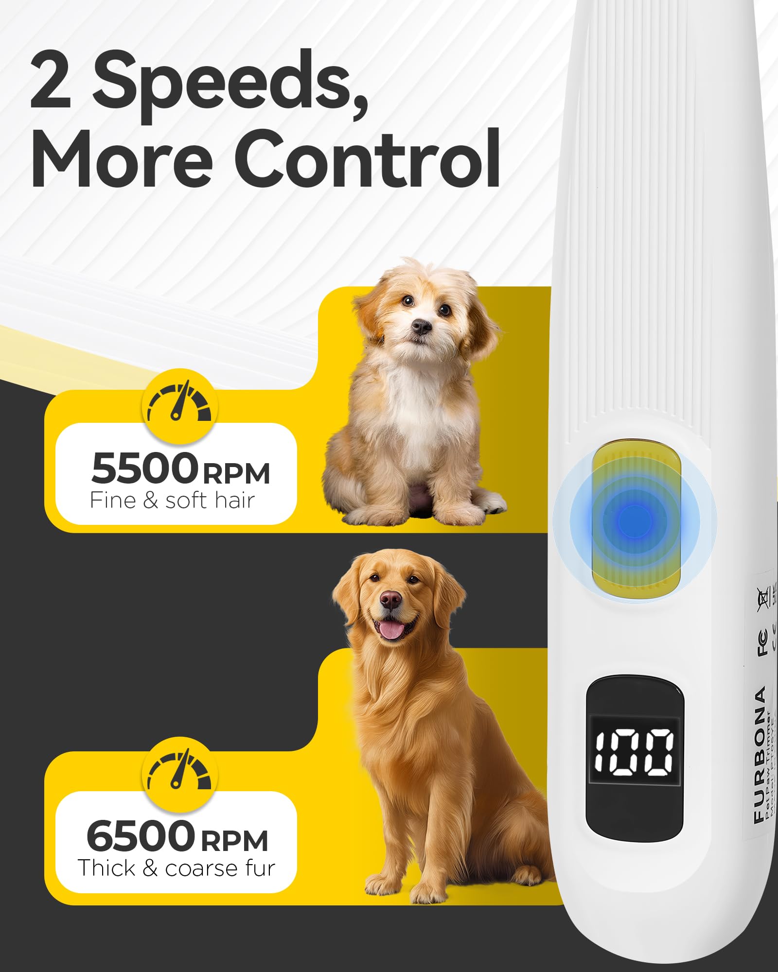 FURBONA Upgraded Dog Paw Trimmer with Digital LED Display & Enhanced Lighting, Cordless 18mm Blade Clippers, 2-Speed - Image 4