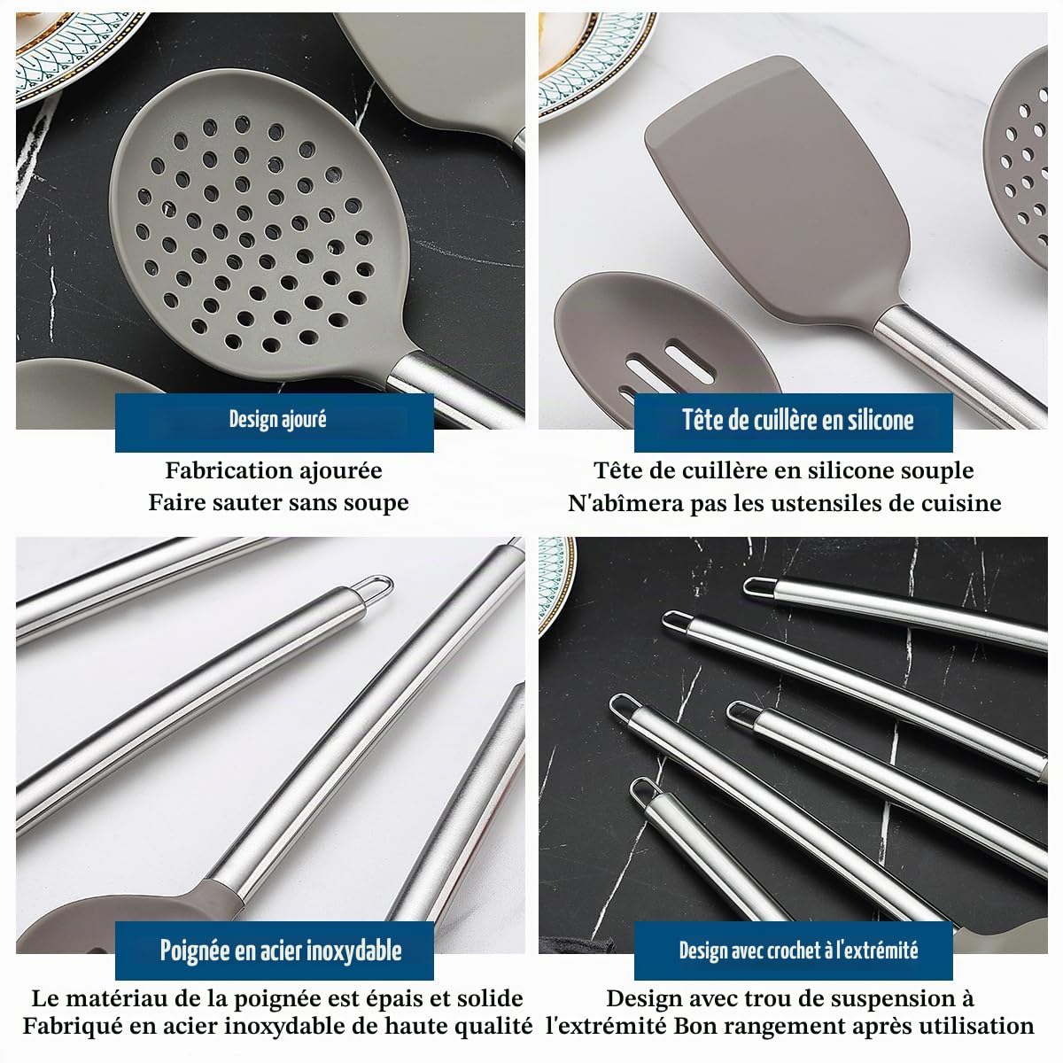 Ustensiles de cuisine, Kyraton 38 pièces en silicone antiadhésif, cuillère spatule avec porte-ustensiles en acier inoxydable, lavable au lave-vaisselle