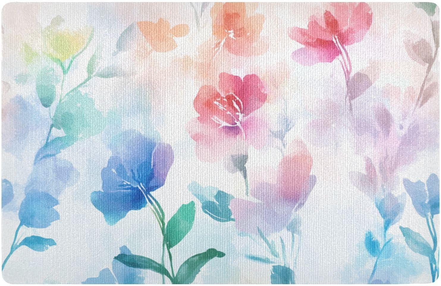 Front Doormat 32x20in Non Slip Rubber Door Mat Indoor Outdoor Extra Entry Mat for Stairs Terrace Garage Laundry Balcony Watercolor Art Flowers Red Blue