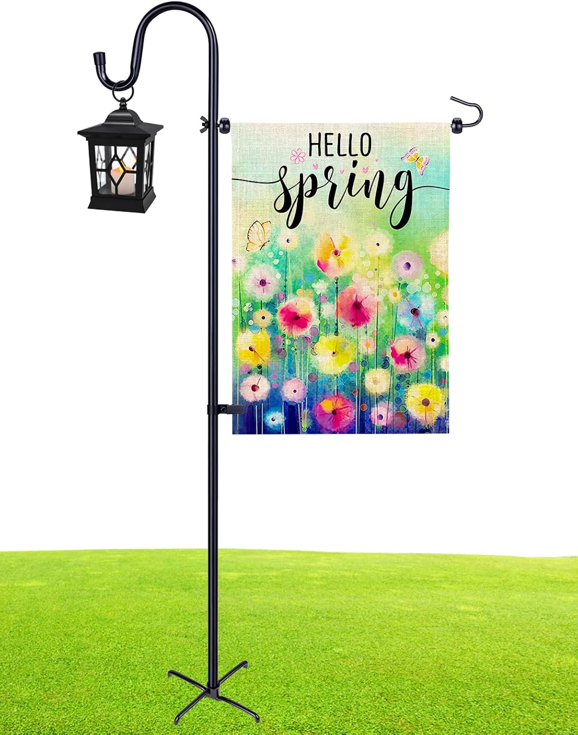 XDW-GIFTS Garden Flag Holder Stand with Shepherd Hook Upgraded Flagole with 2 Spring Stoppers and 1 Clip, Yard Garden Flag Holder for Flags Weather-Proof (Without Solar Lights & Flag), 45 Inch